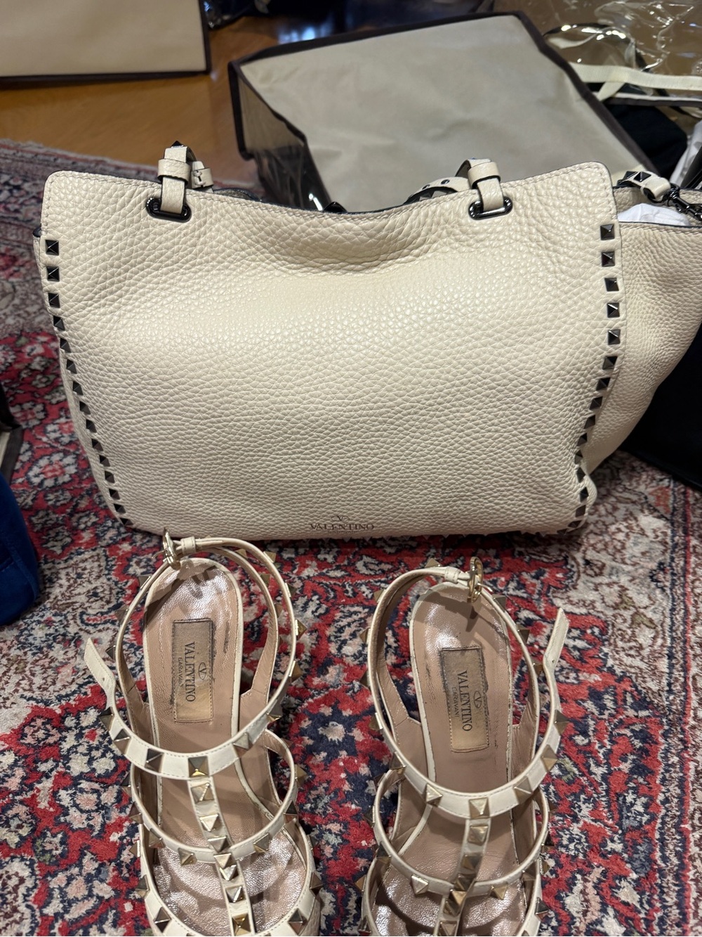 Valentino Medium Rockstud Vitello Leather Tote ivory